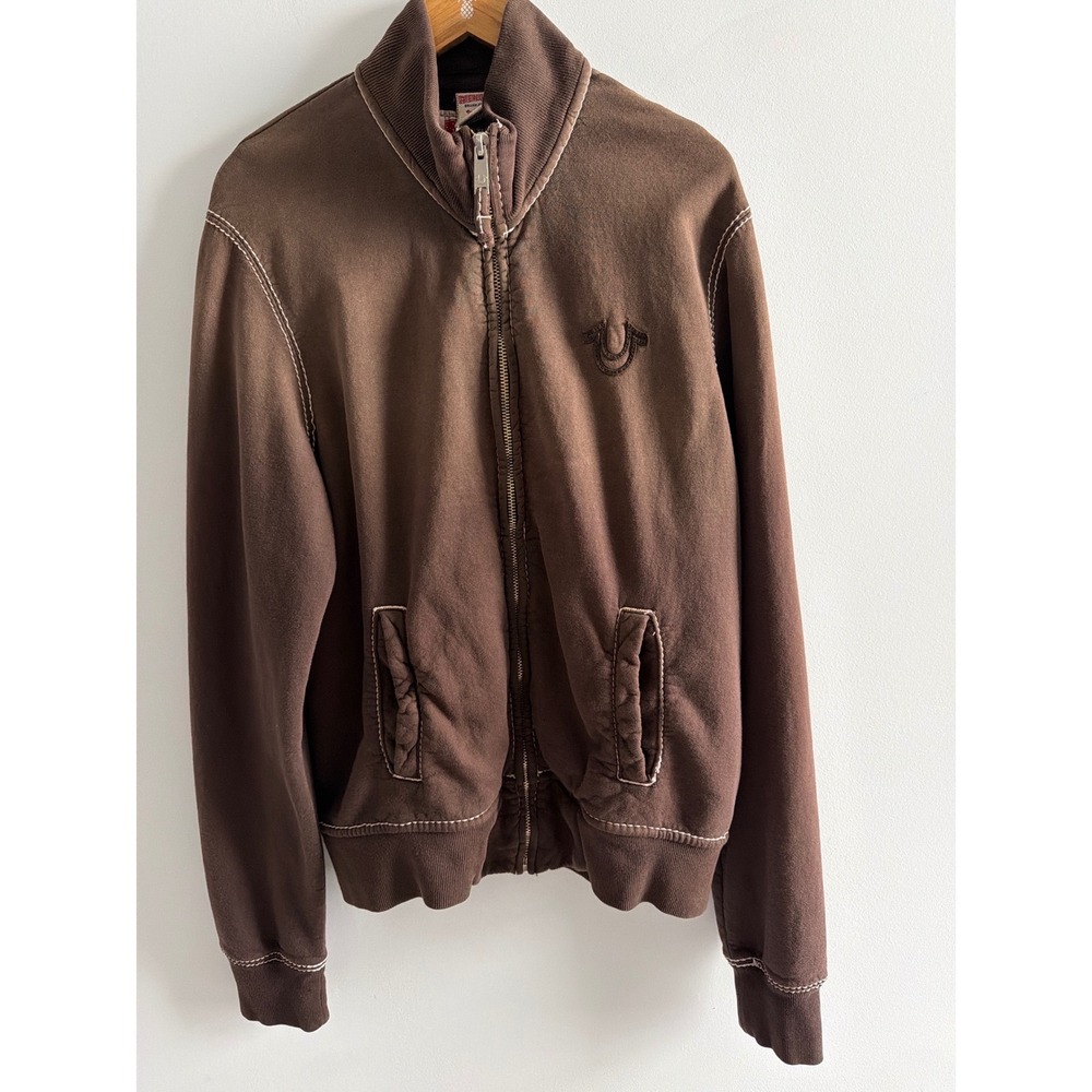 True Religion Mens XXL Brown Big T Stitch Full Zip Track Jacket‎ Sweatshirt Logo